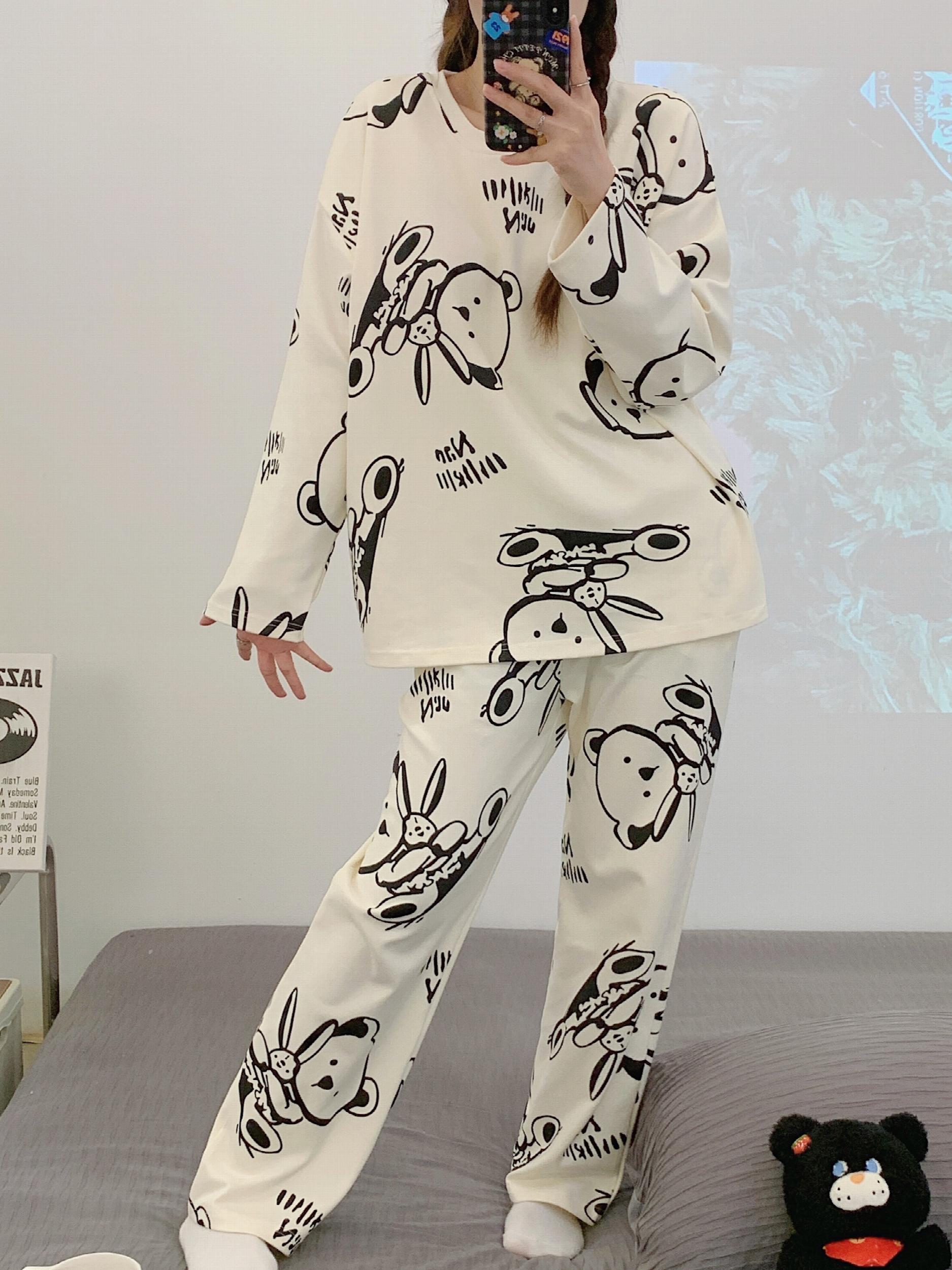 Bear Print Pajama Set Long Sleeve Top & Pants Women's Sleepwear