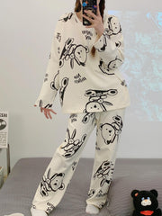 Bear Print Pajama Set Long Sleeve Top & Pants Women's Sleepwear