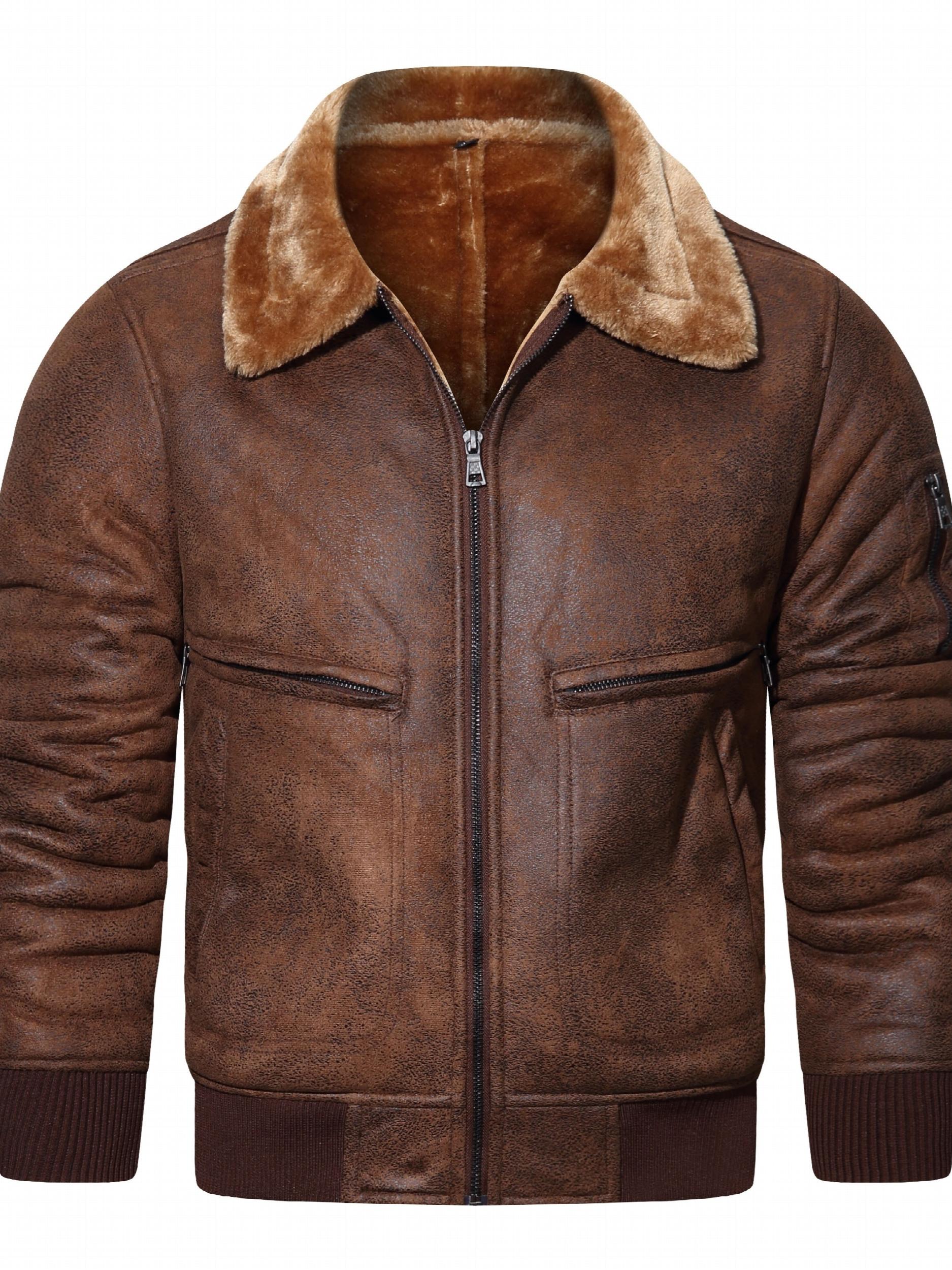 Men's Fleece PU Jacket Zip Up Lapel Leather Jacket Fall Winter