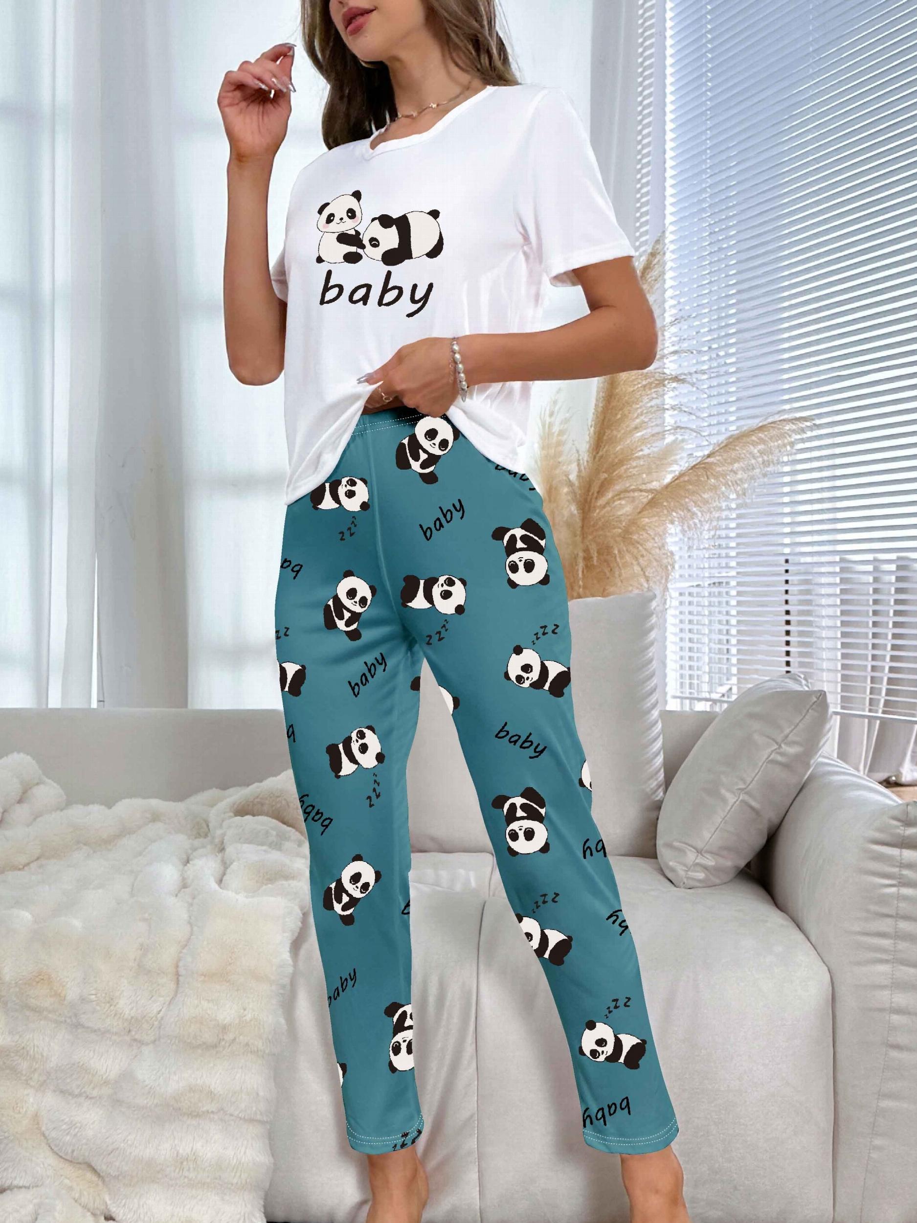 Panda Print Pajama Set Short Sleeve Top & Pants