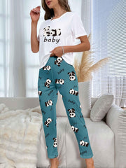 Panda Print Pajama Set Short Sleeve Top & Pants