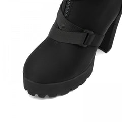 Women's Platform Chunky High Heel Boots Zipper Round Toe Buckle Belt Shoes