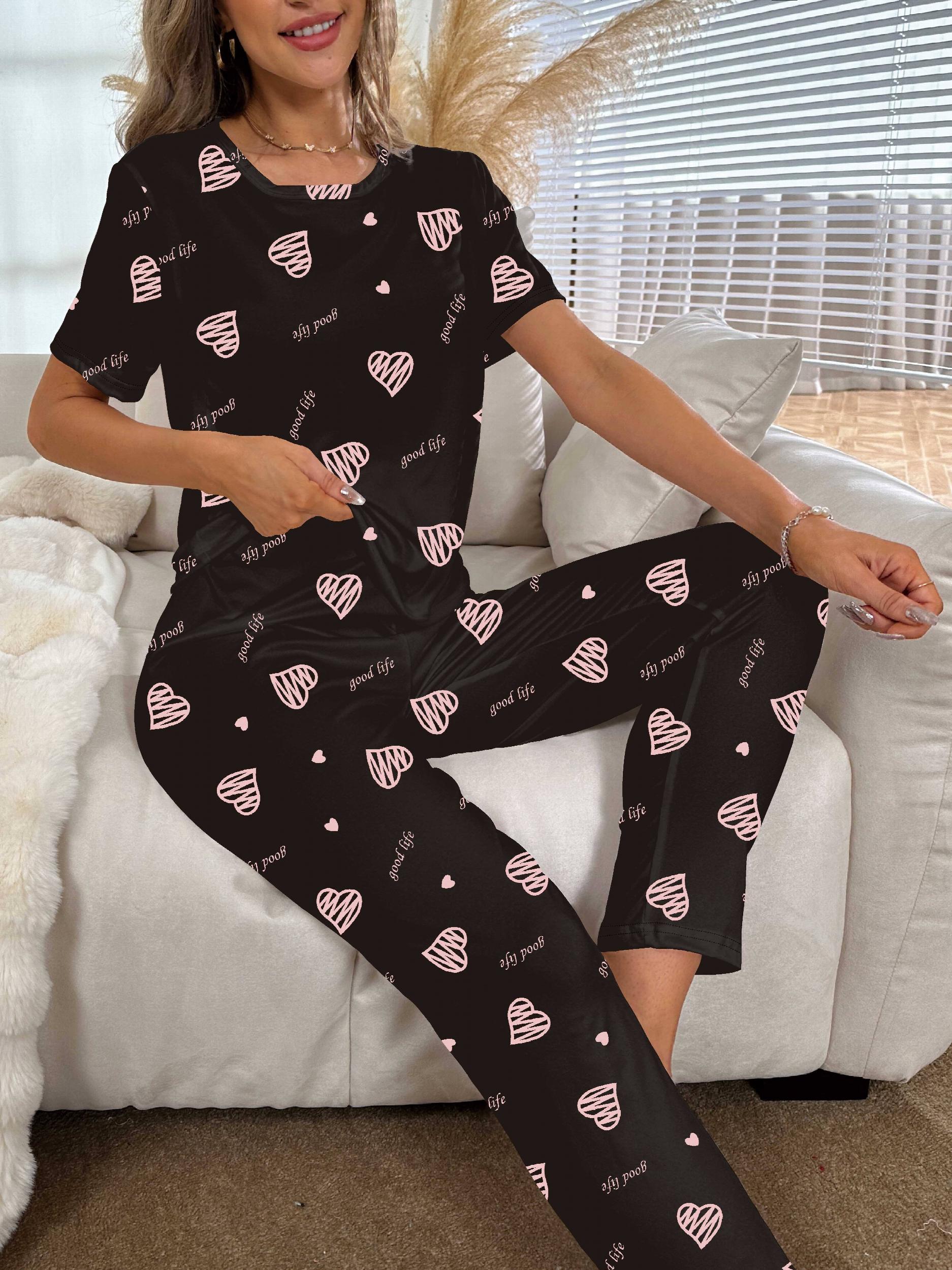 Heart Print Pajama Set Short Sleeve Top & Pants
