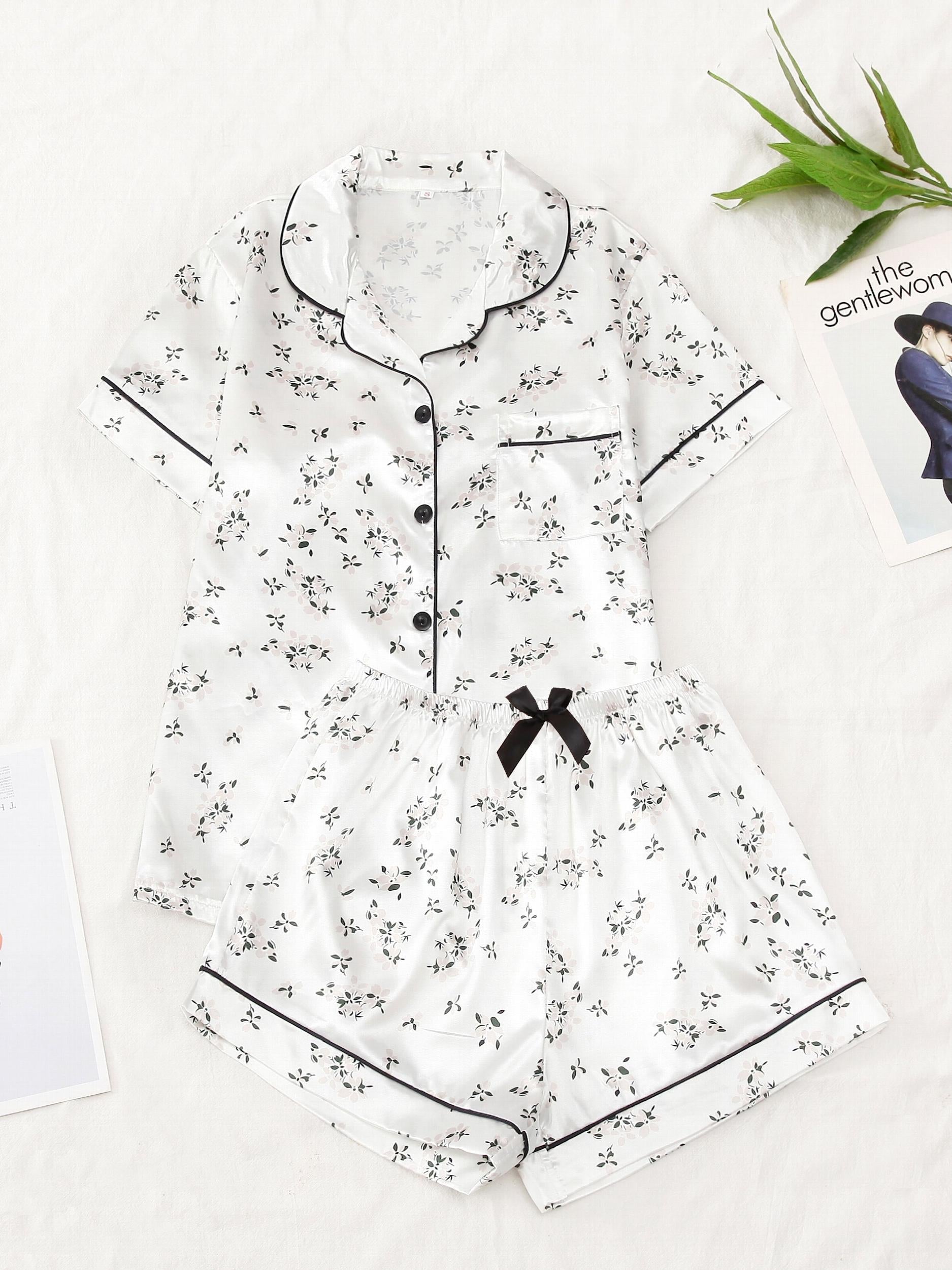 Flower Print Satin Pajama Set Comfy Short Sleeve Pocket Lapel Top & Bow Shorts