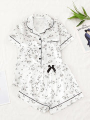 Flower Print Satin Pajama Set Comfy Short Sleeve Pocket Lapel Top & Bow Shorts