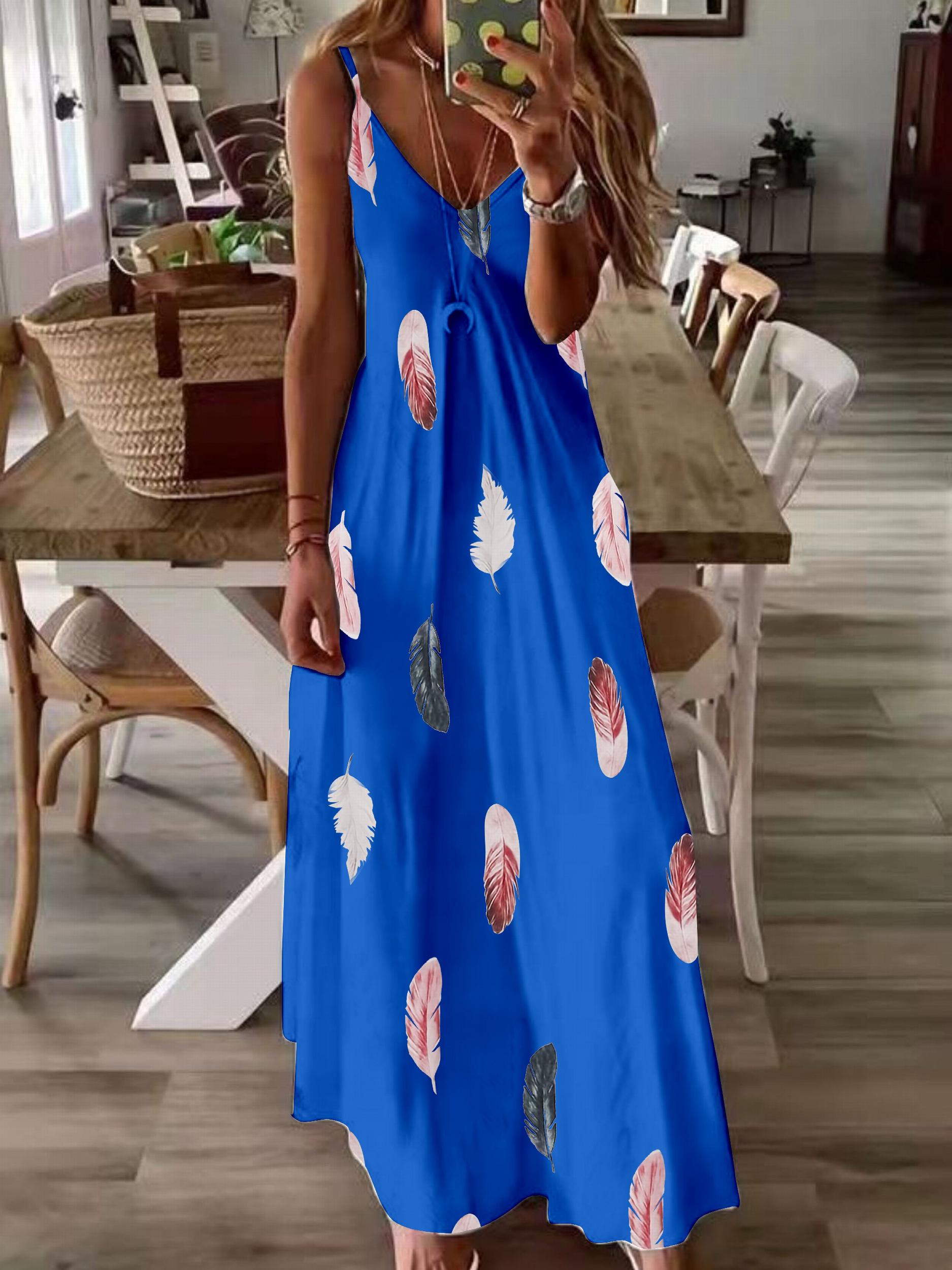 Feather Print V Neck Maxi Cami Dress