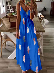 Feather Print V Neck Maxi Cami Dress