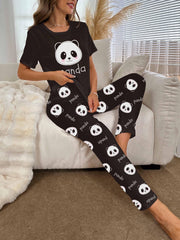 Panda Print Pajama Set Short Sleeve Top & Pants Women's Sleepwear
