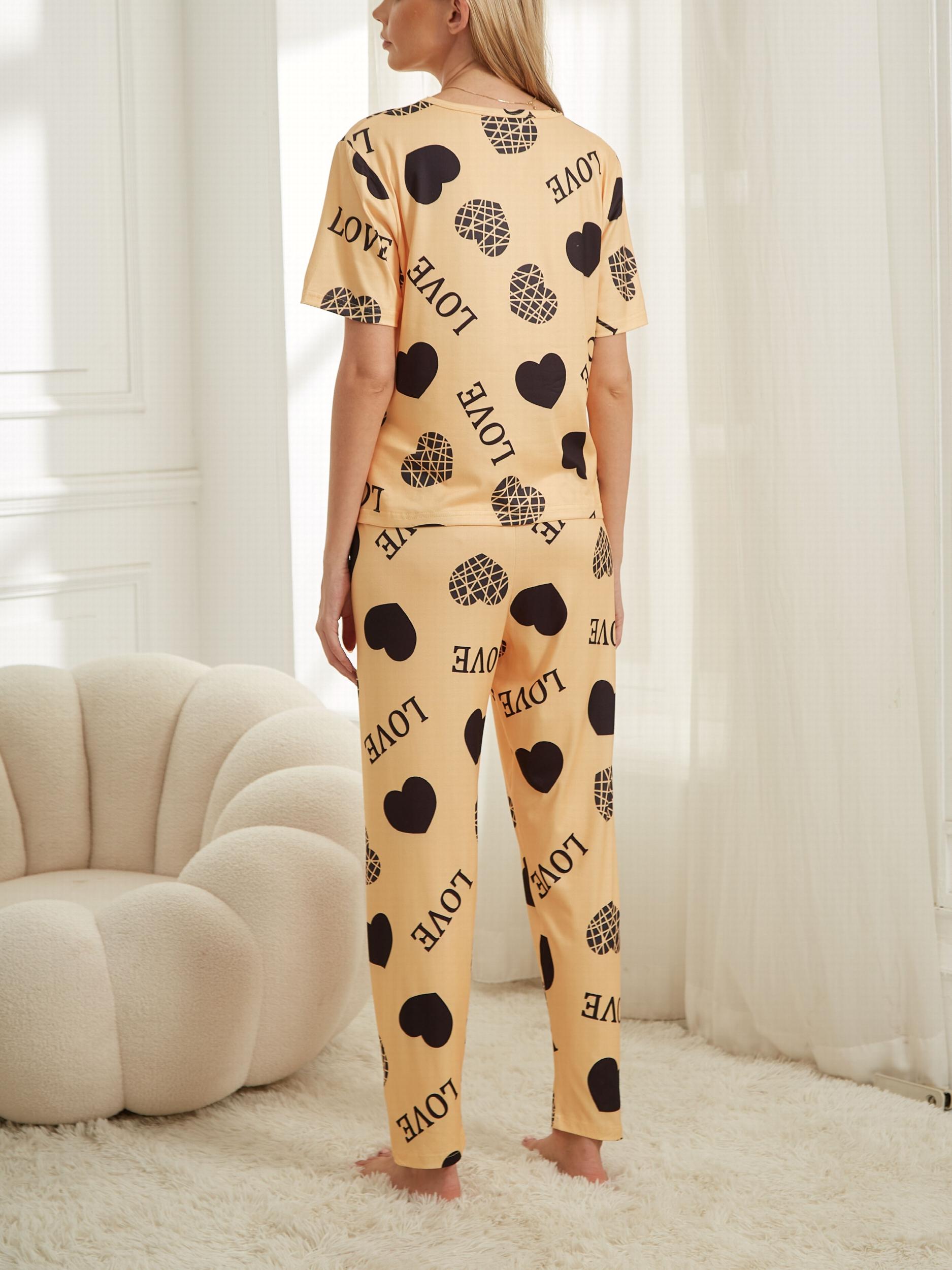 Heart Print Pajama Set Short Sleeve Top & Pants Women's Sleepwear