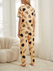 Heart Print Pajama Set Short Sleeve Top & Pants Women's Sleepwear