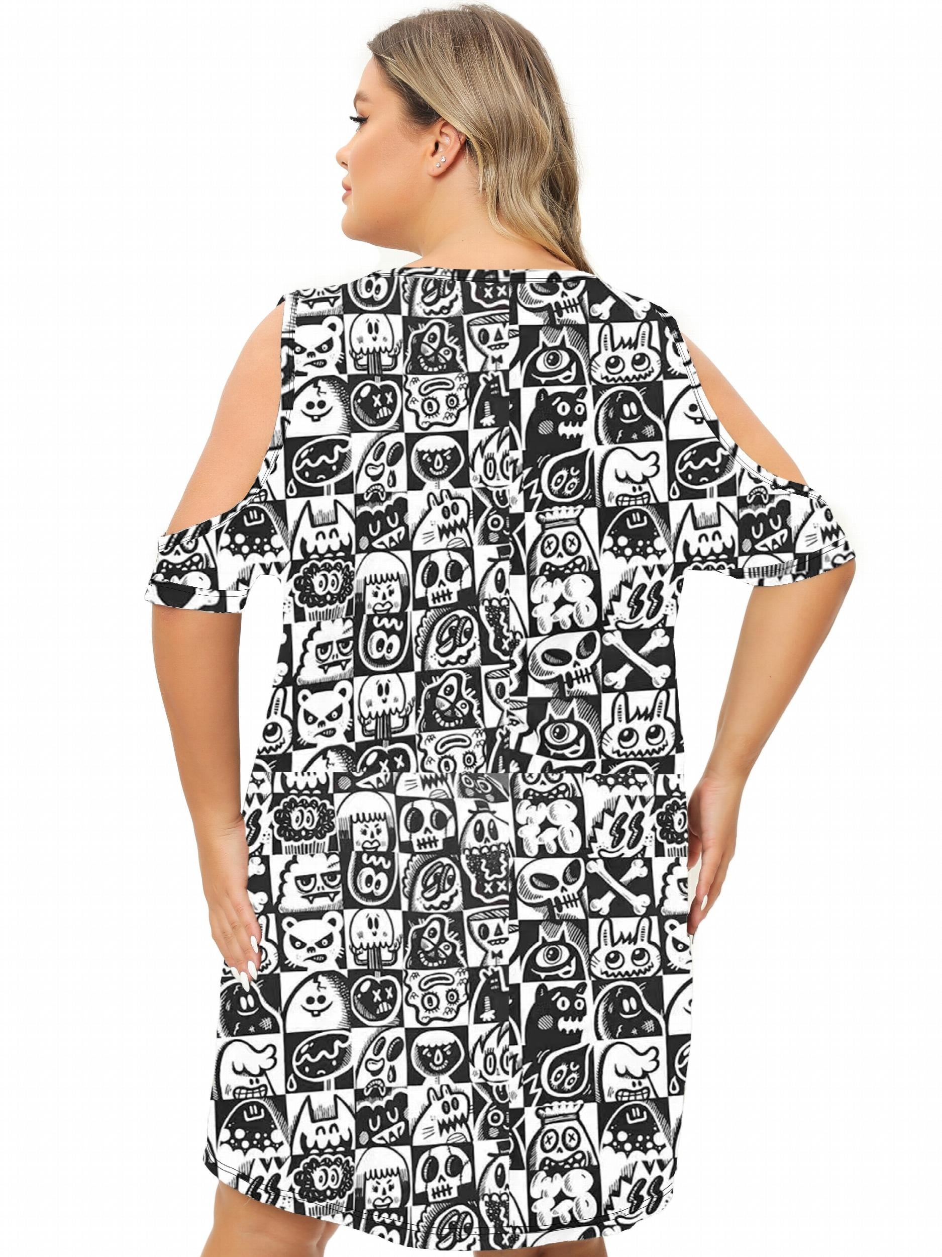 Cartoon Print Cold Shoulder Tee Sleep Dress