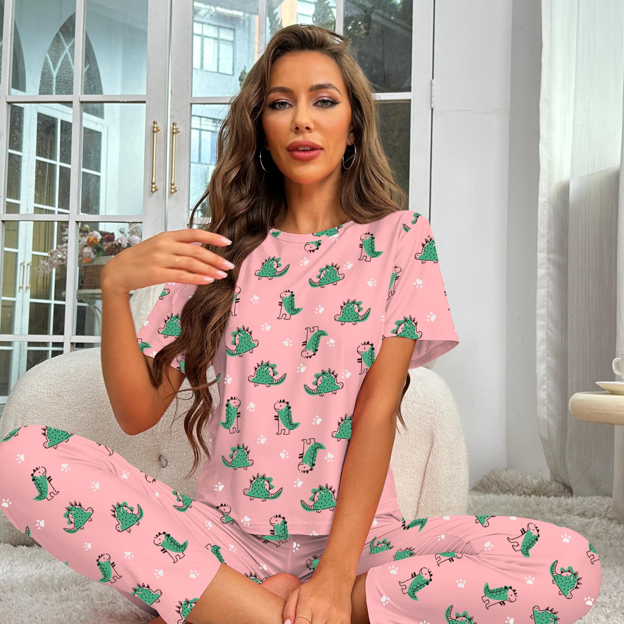 Dino Print Pajama Set Short Sleeve Top & Pants Women's Sleepwear