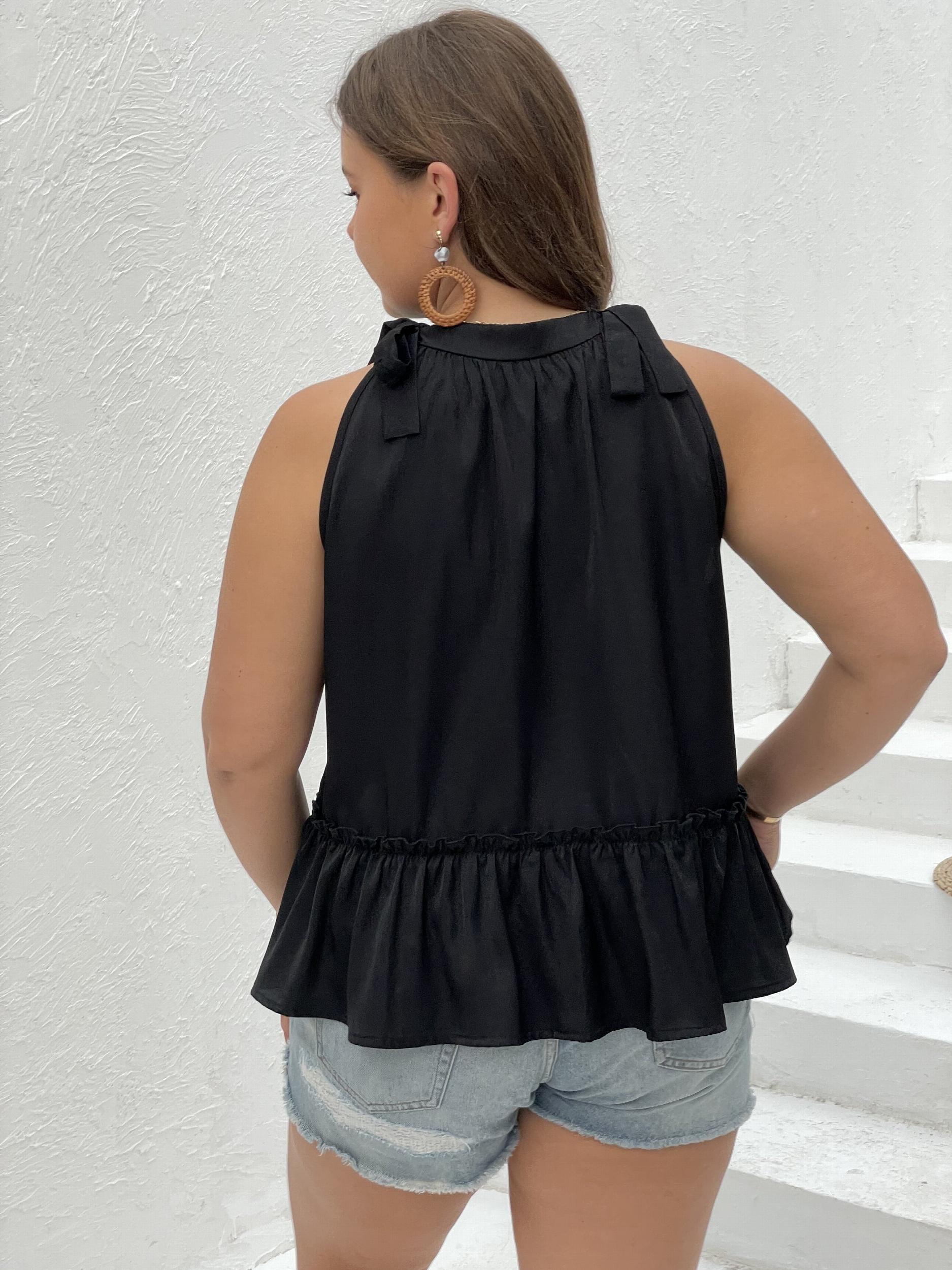 Solid Ruffle Trim Knot Halter Neck Tank Top