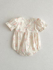 Baby Girl Ruffle Floral Romper With Lace Up Neck