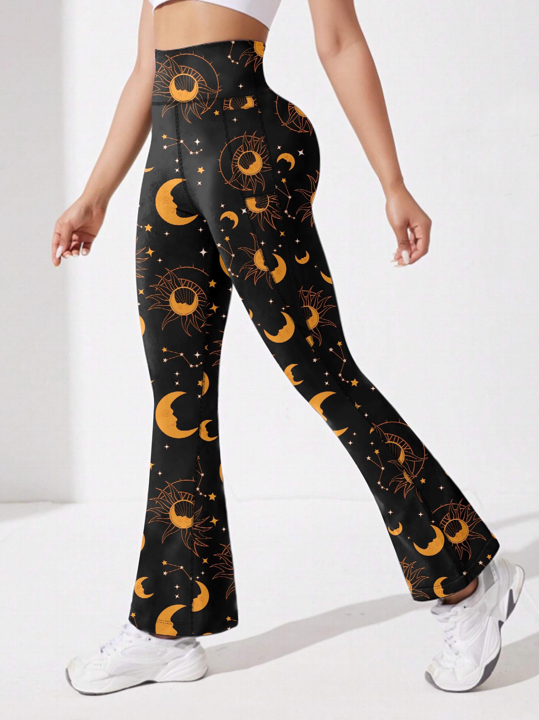 Moon & Star Print Flared Yoga Pants High Stretch Sports Trouser