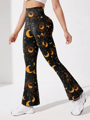 Moon & Star Print Flared Yoga Pants High Stretch Sports Trouser