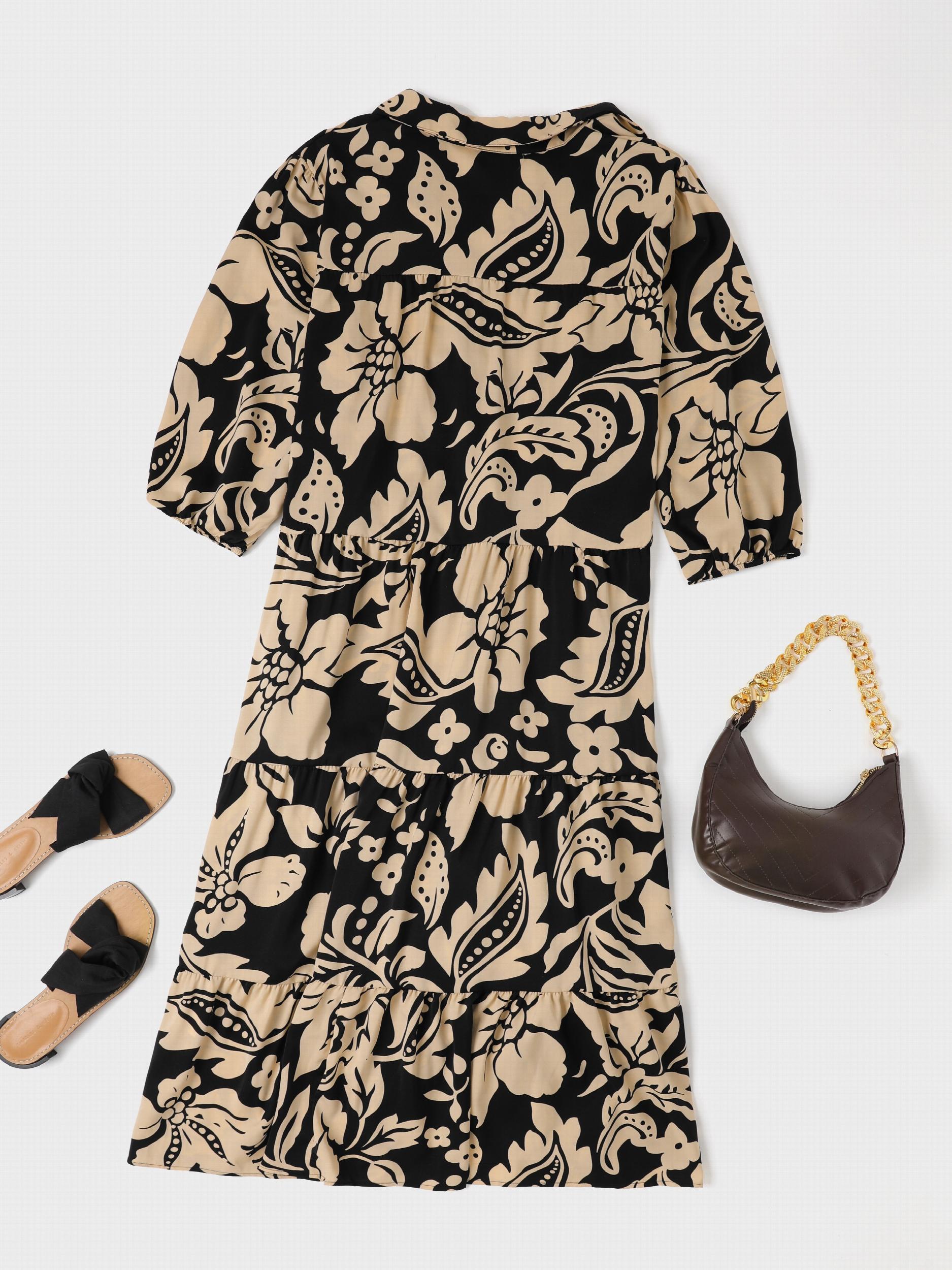 Women's Plus Floral Print Half Sleeve Notched Neck Dress
