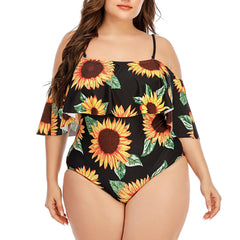 Sunflower Print Off Shoulder Ruffle One Piece Swimsuit