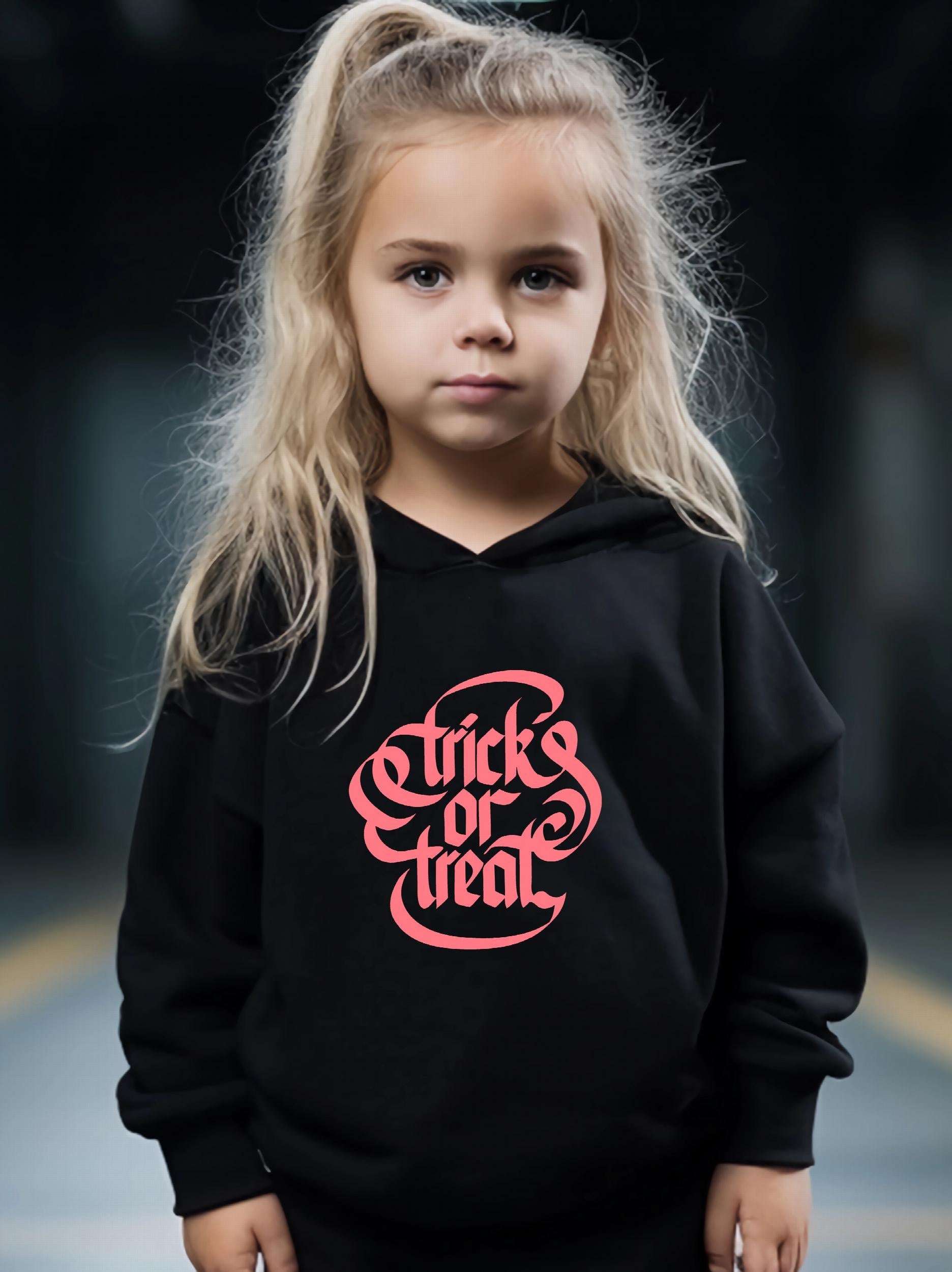 Trick O R Treat Pattern Long Sleeve Hooded Sweatshirt Girls Comfy Hoodies