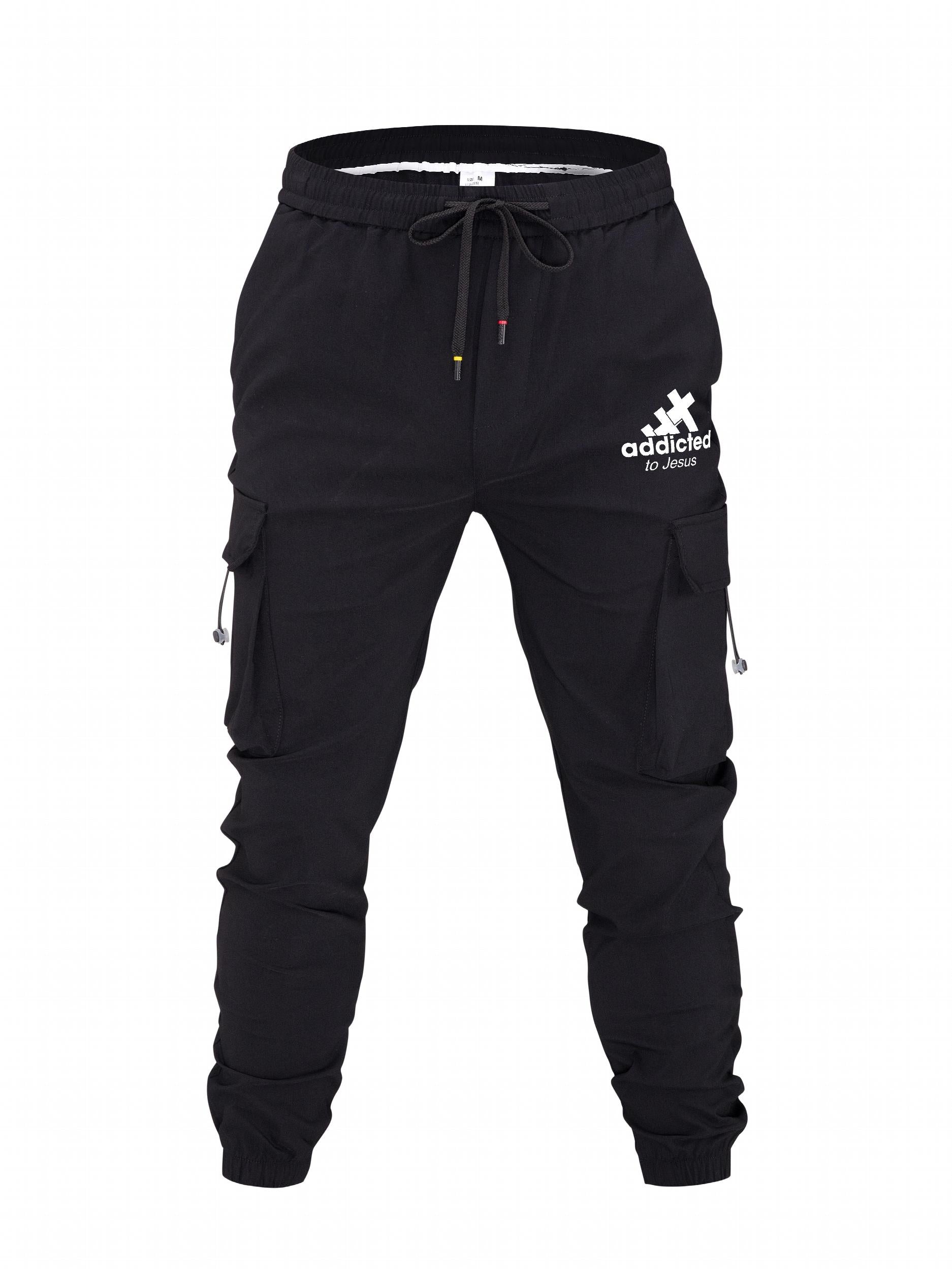 Men's Addicted Print Cargo Pants with Drawstring Pockets
