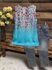 Floral Print V Neck Tank Top Sleeveless Summer Casual