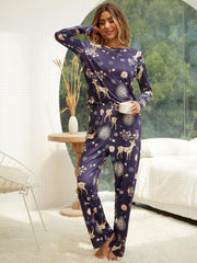 Cartoon Deer Print Pajama Set Long Sleeve Top & Pants Women's Sleepwear