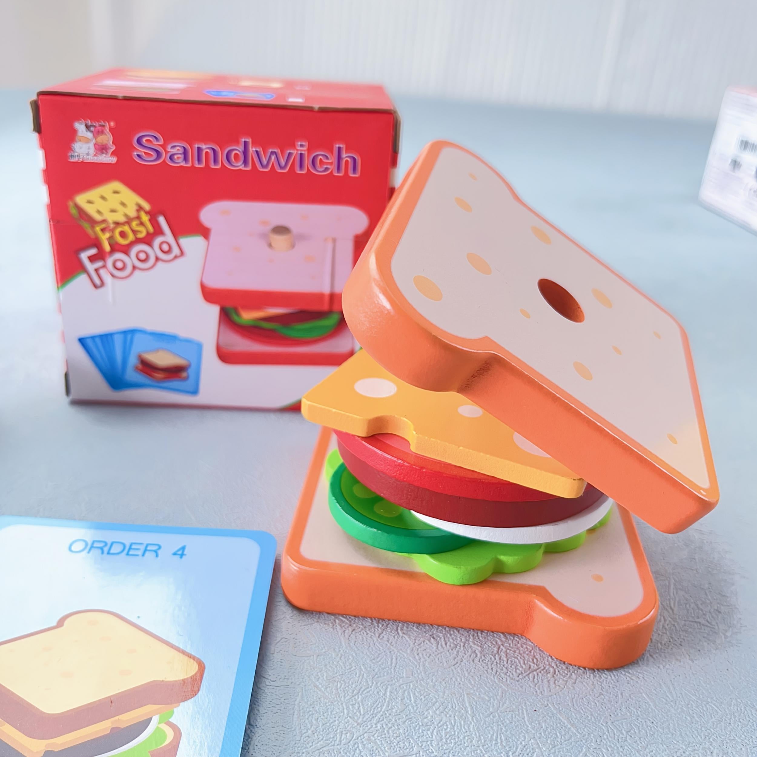 Wooden Playhouse Burger Fries Sandwich Set Matching Puzzle Food Cutting Toy