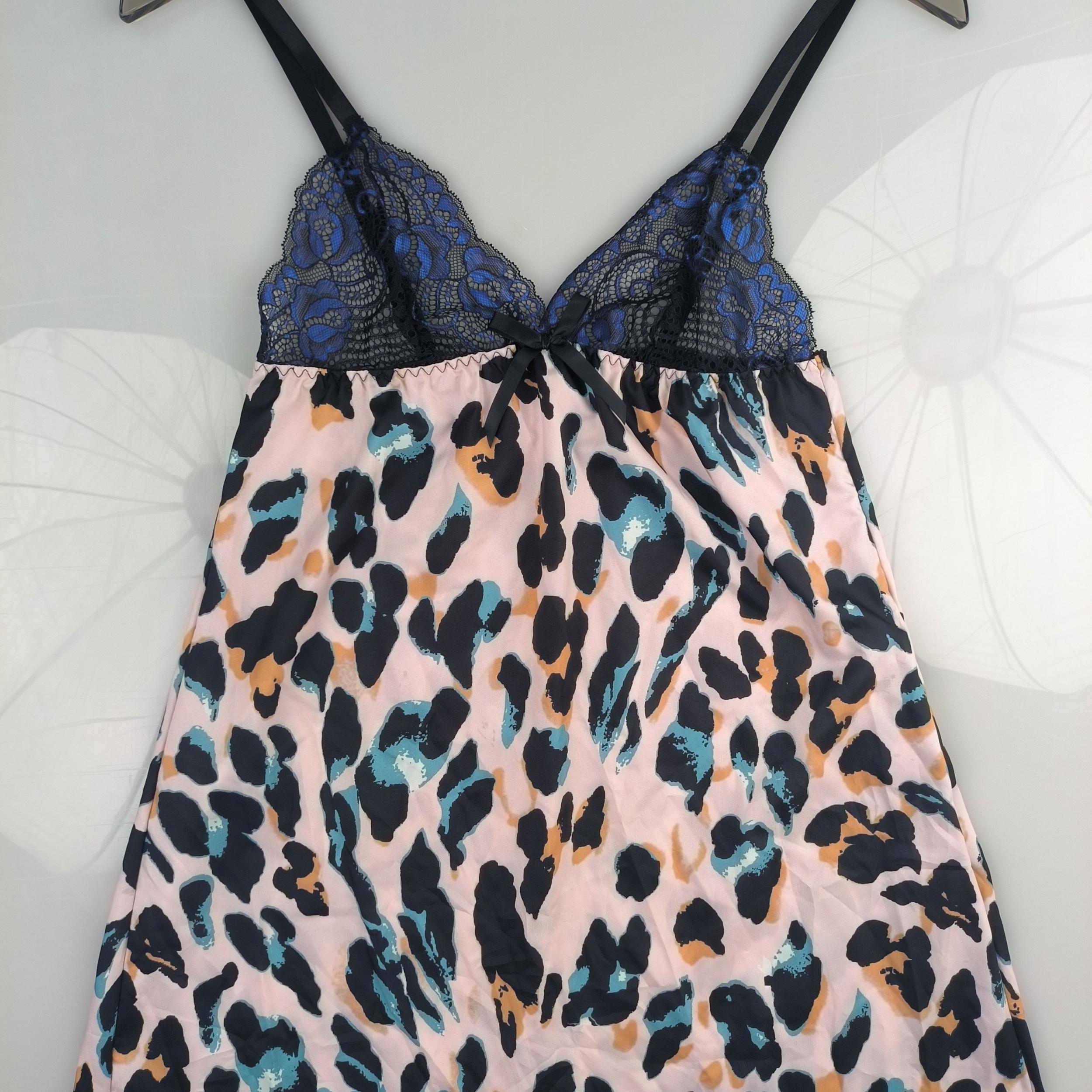 Lace Slip Nightdress Sexy V Neck Leopard Sleep Dress Women's Sleepwear