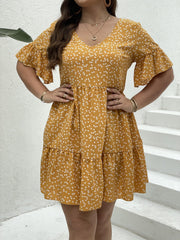 Heart Print Bell Sleeve V Neck Smock Dress