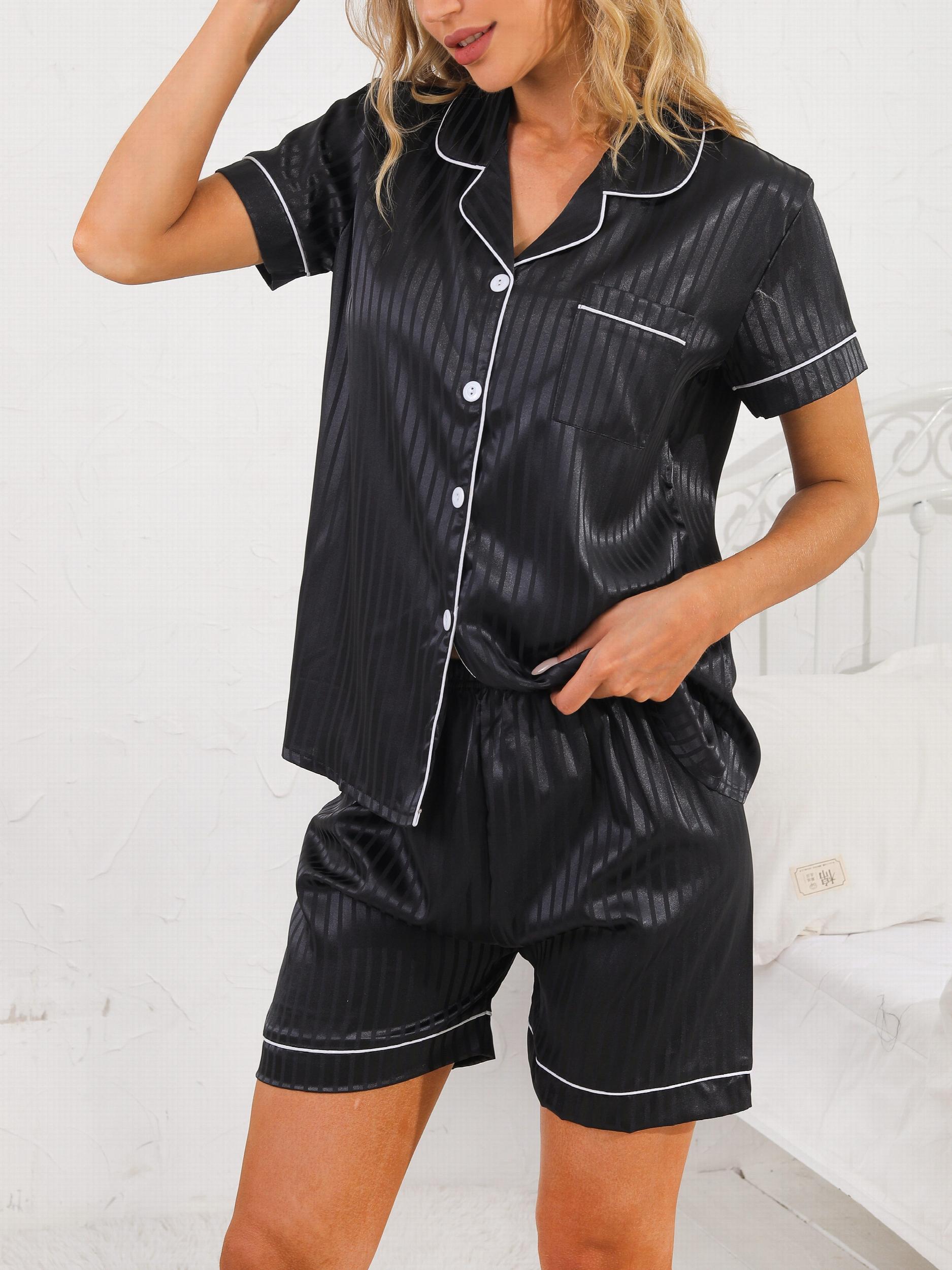 Striped Jacquard Pajama Set Short Sleeve Top & Loose Shorts