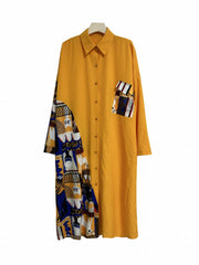 Colorblock Print Long Sleeve Button Up Shirt Dress