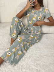 Cartoon Print Lounge Set Short Sleeve Crew Neck Top & Elastic Waistband Pants