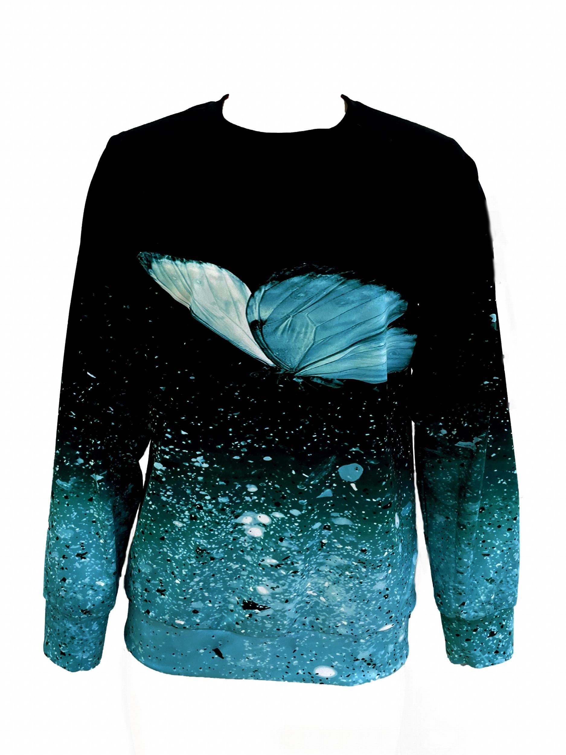 Butterfly Print Sweatshirt Crew Neck Women's Clothing
