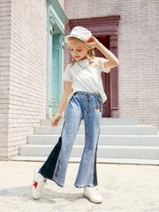 Girls Cotton Flared Faux Denim Print Bell Bottom Pants Soft Comfortable