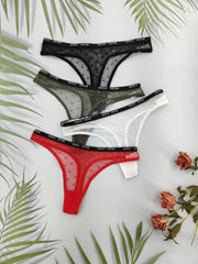 4pcs Polka Dot Mesh Thongs Breathable Comfy Letter Tape Intimates Panties