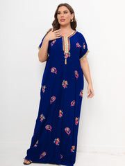 Floral Print Lace Panel Sleeve V Neck Maxi Kaftan Dress