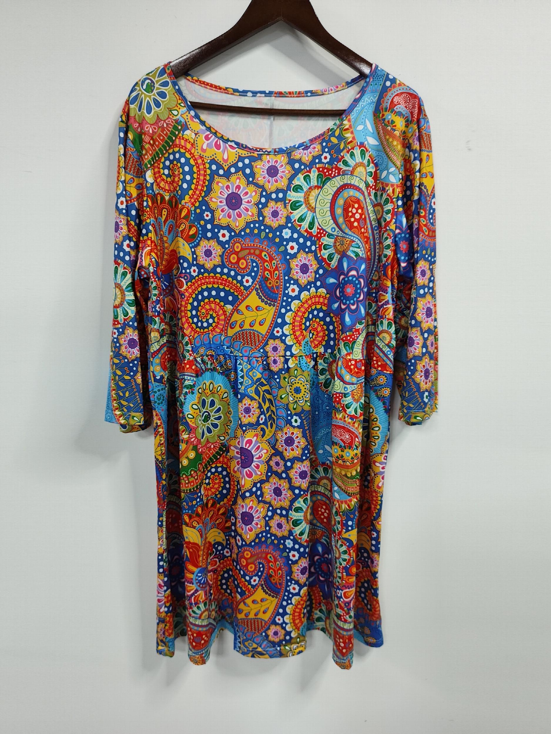 Boho Dress Women's Plus Paisley Print Three Quarter Sleeve