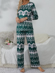 Geometric Print Pajama Set Long Sleeve Top & Pants