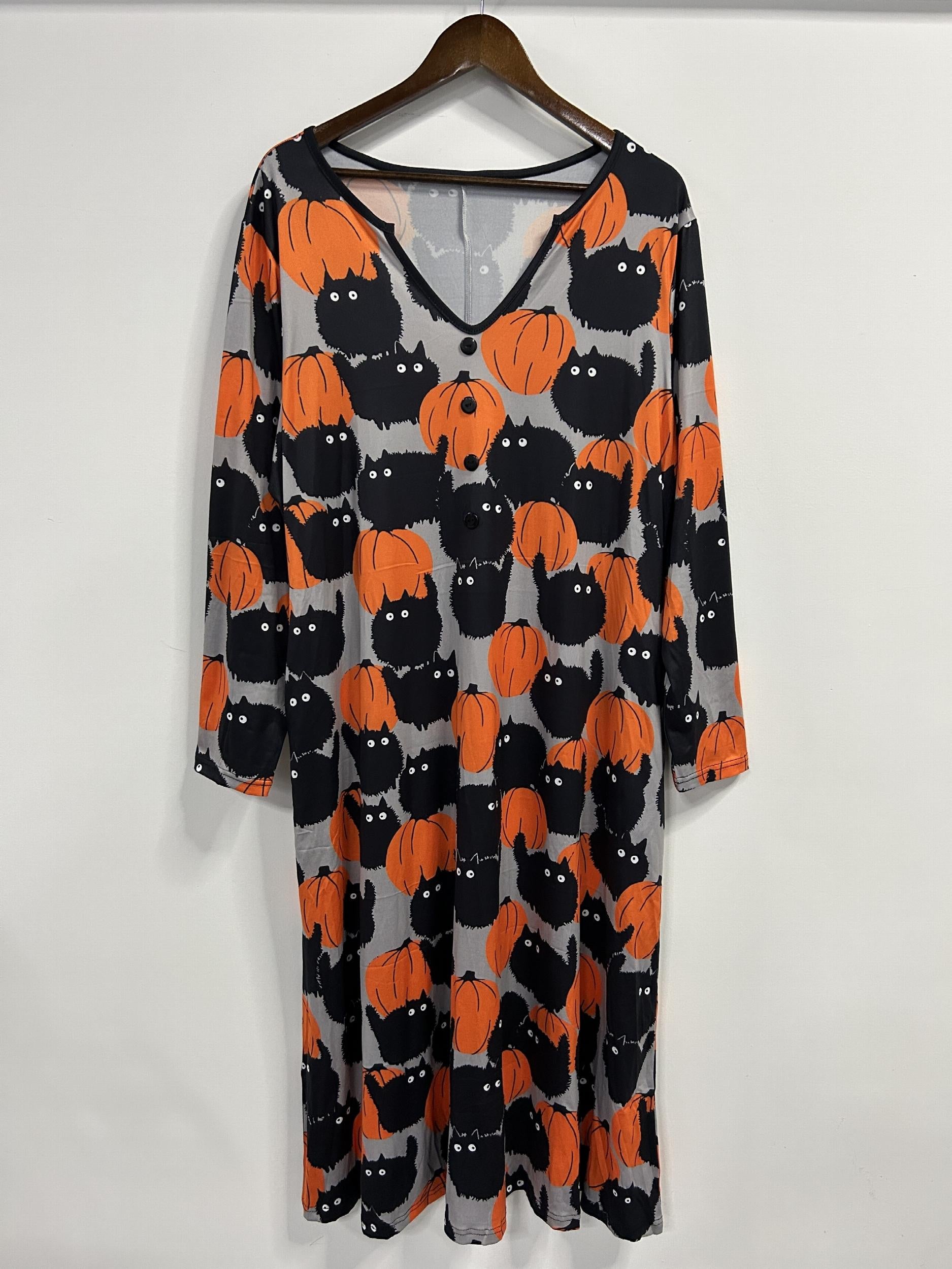 Halloween Dress Women's Plus Allover Cat & Pumpkin Print Maxi Dress