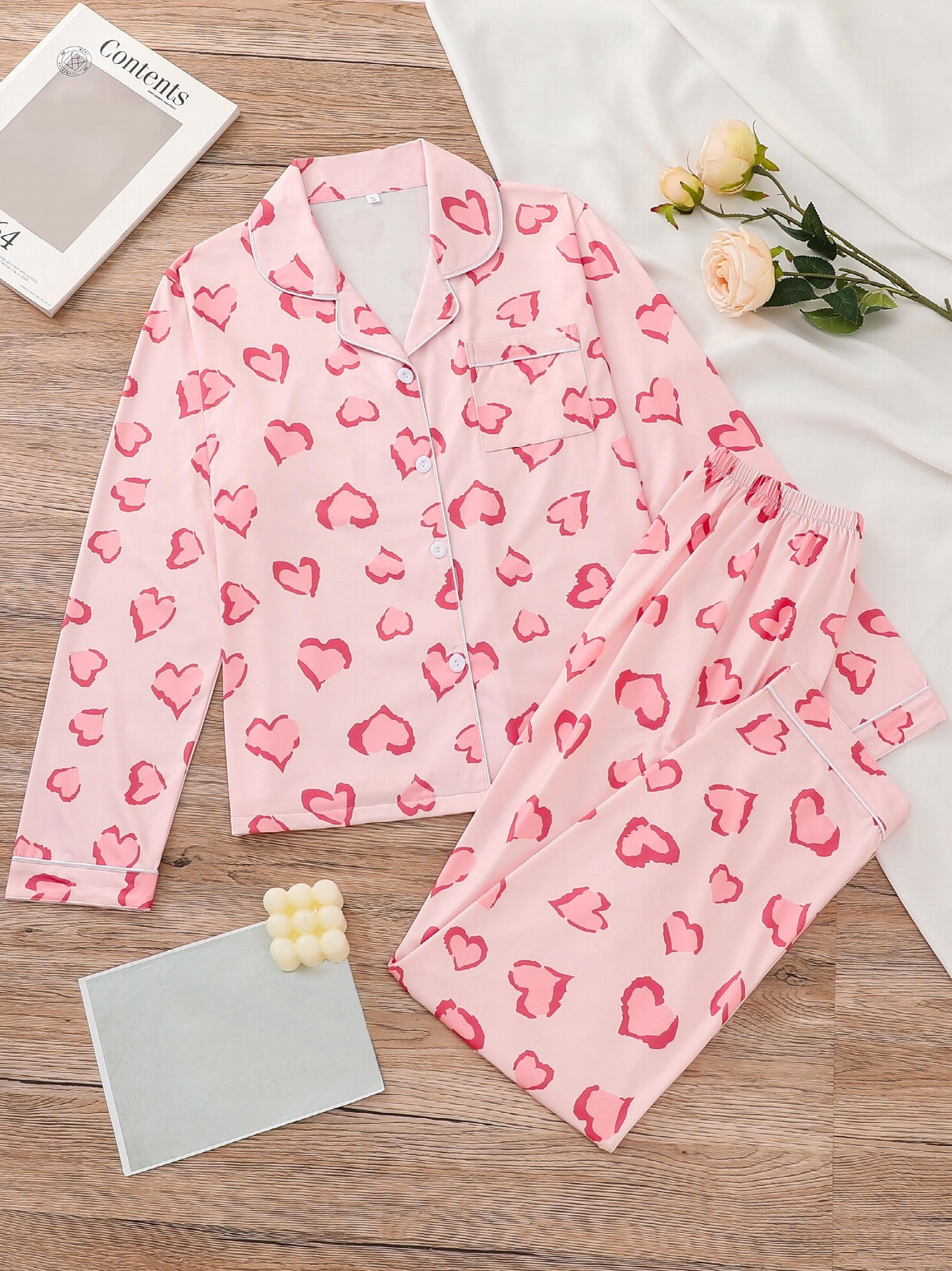 Heart Print Pajama Set Long Sleeve Buttons Top & Elastic Waistband Pants