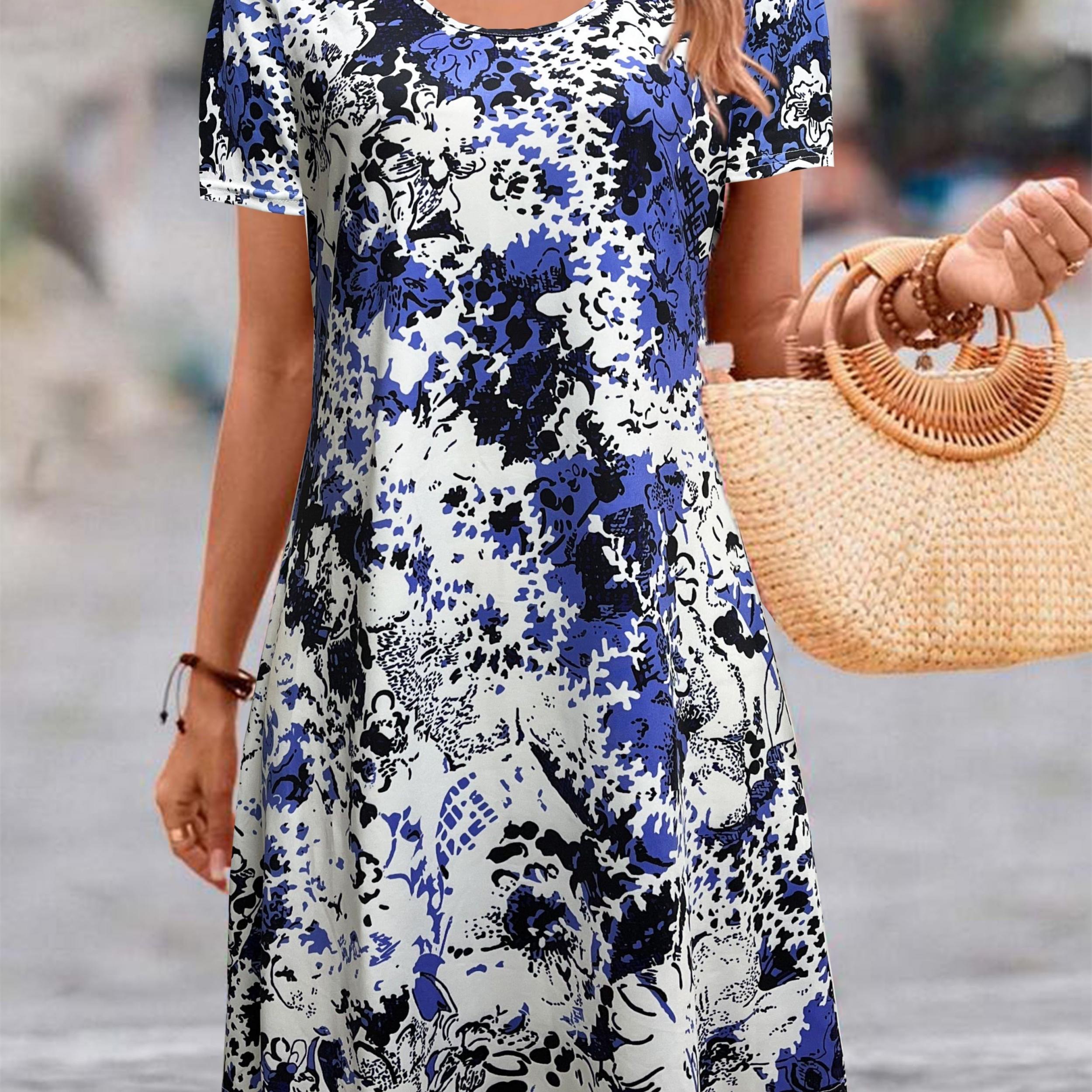 Allover Print Short Sleeve Round Neck Dress