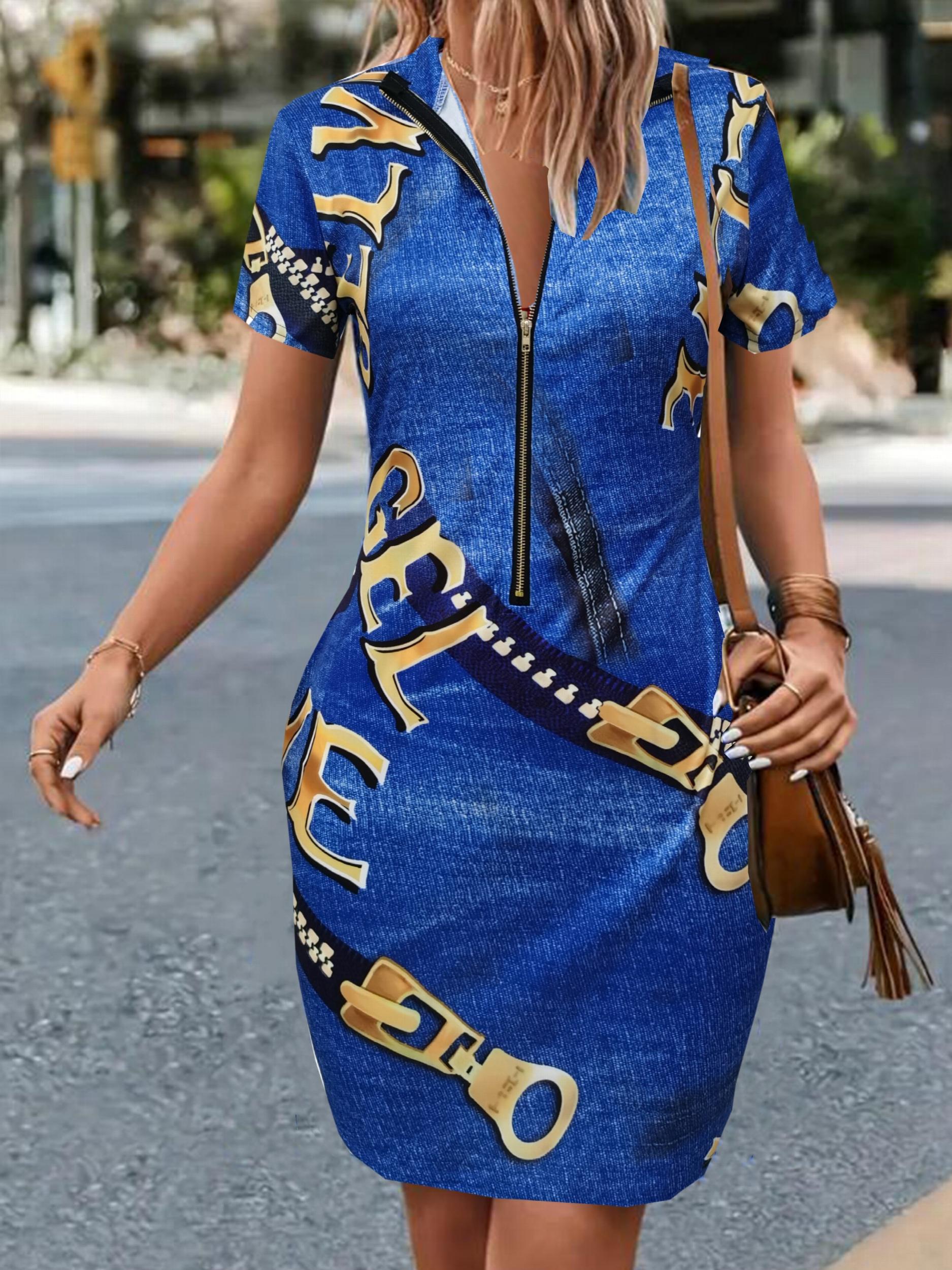 V Neck Zipper Print Slim Dress Casual Short Sleeve Waist Summer Bodycon Dresses
