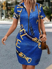 V Neck Zipper Print Slim Dress Casual Short Sleeve Waist Summer Bodycon Dresses