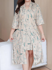 Floral Print Cami Dress & Open Front Robe Nightgown Set