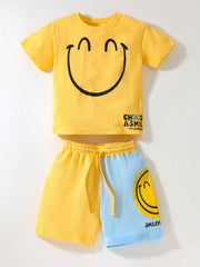 2pcs Boys Summer Outfits Sets Short Sleeve Happy Graphic Print T Shirt Tops