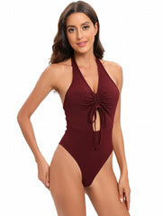 Ruched Halter Neck Bodysuit Sexy Sleeveless Drawstring Backless Slim Bodysuit