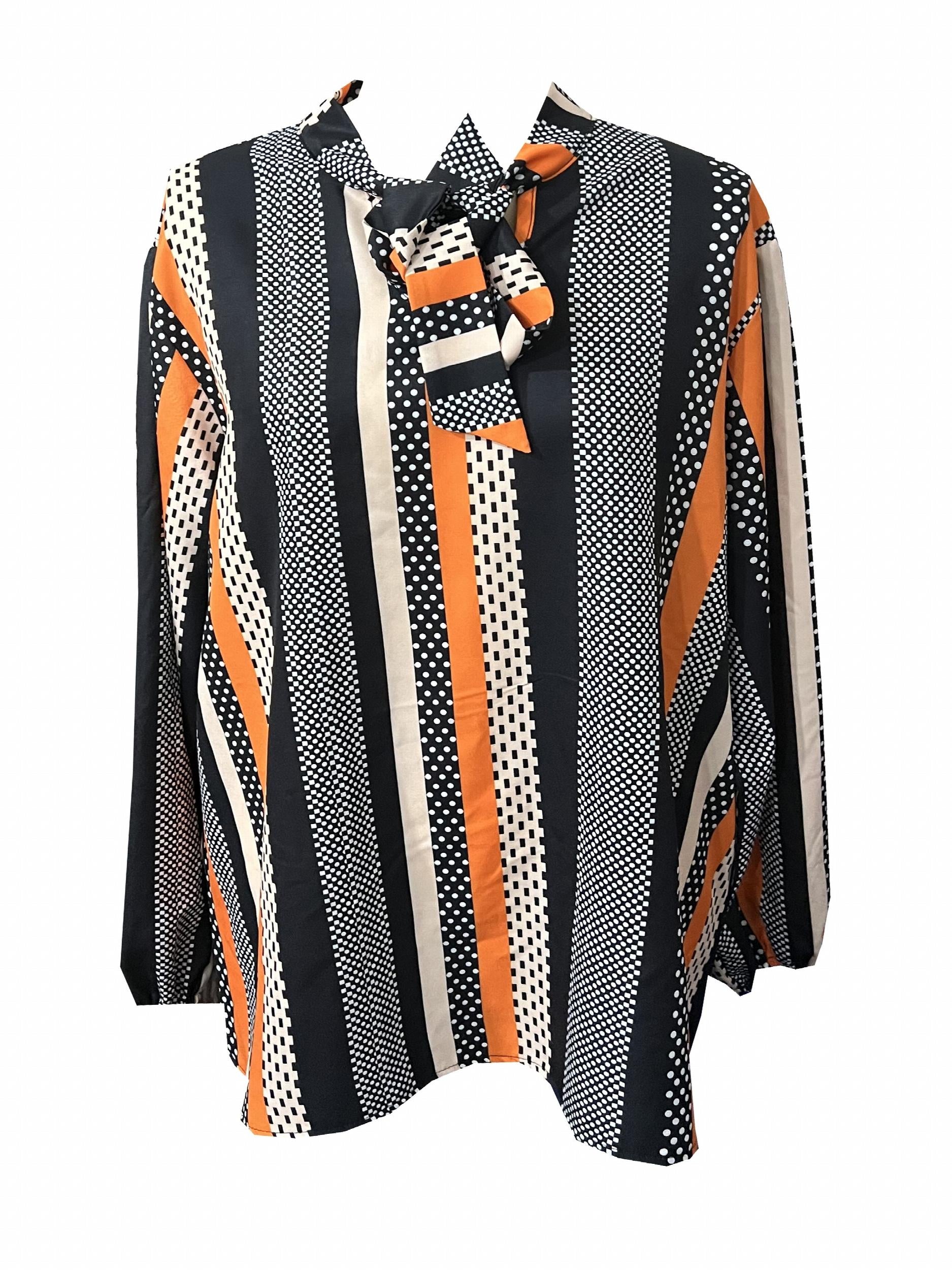 Casual Blouse Women's Plus Stripe & Dot Print Lantern Sleeve