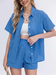 Plaid Pattern Two piece Set Polo Collar Top & Shorts