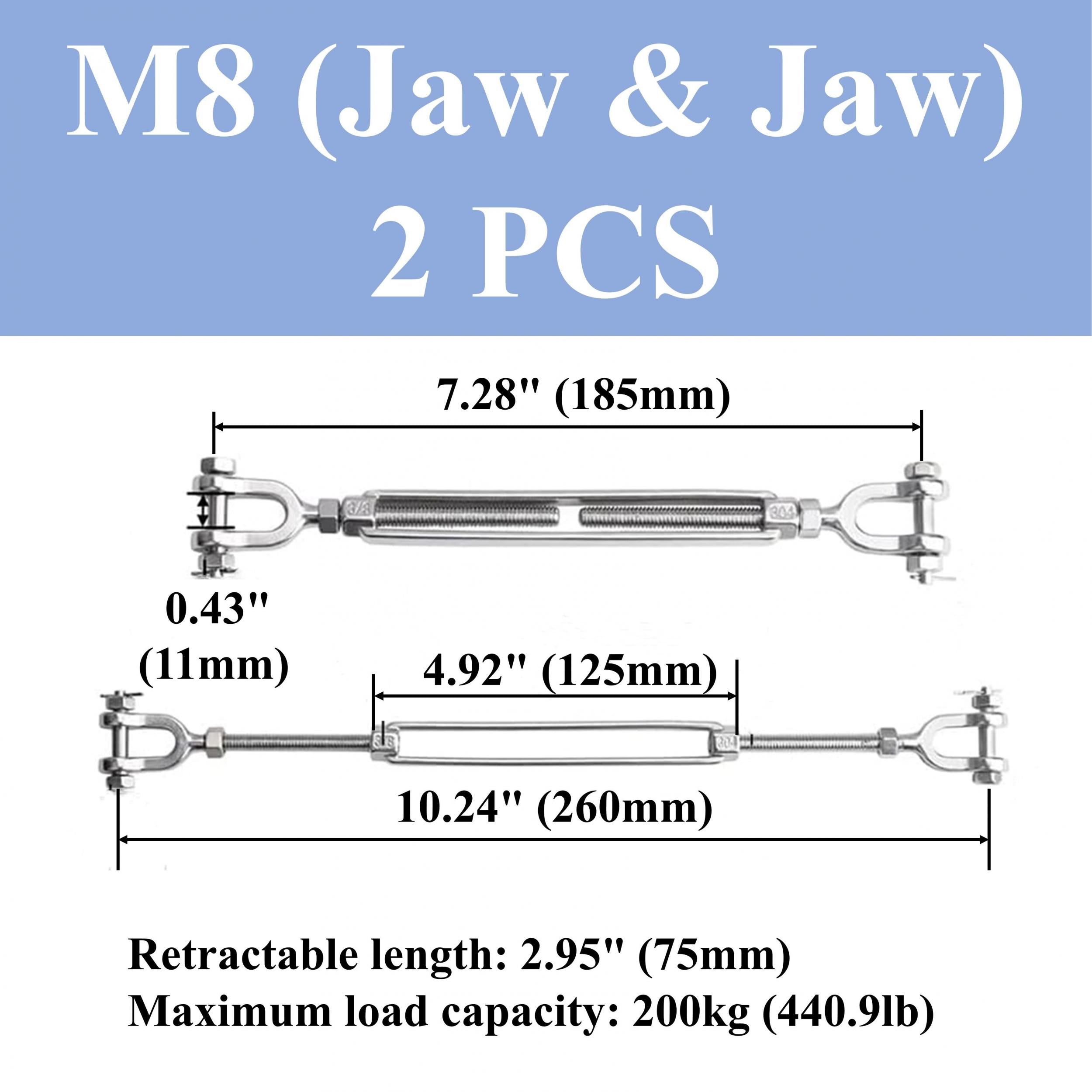 2pcs M5 M12 Jaw Jaw Turnbuckle 304 Stainless Steel Heavy Duty Wire Rope Tens
