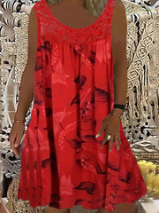 Casual Tank Dress Women's Plus Leaf Print Contrast Lace Round Neck